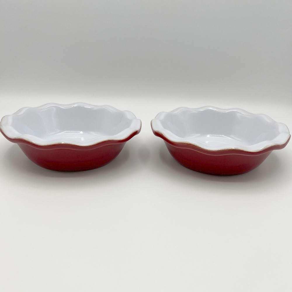 Emile Henry France Red Ceramic Mini Pie Dishes 14cm Scalloped Ruffle Set of 2